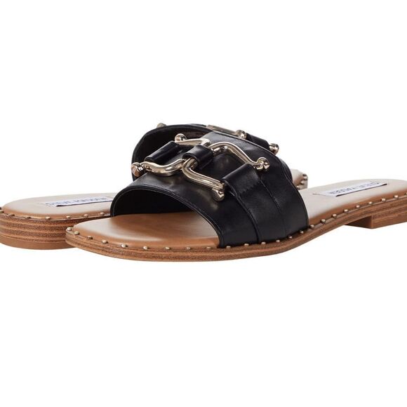 NWT Steve Madden Alita Black w/ Gold Tone Buckle Slide Sandals - Various Sizes - Picture 3 of 13